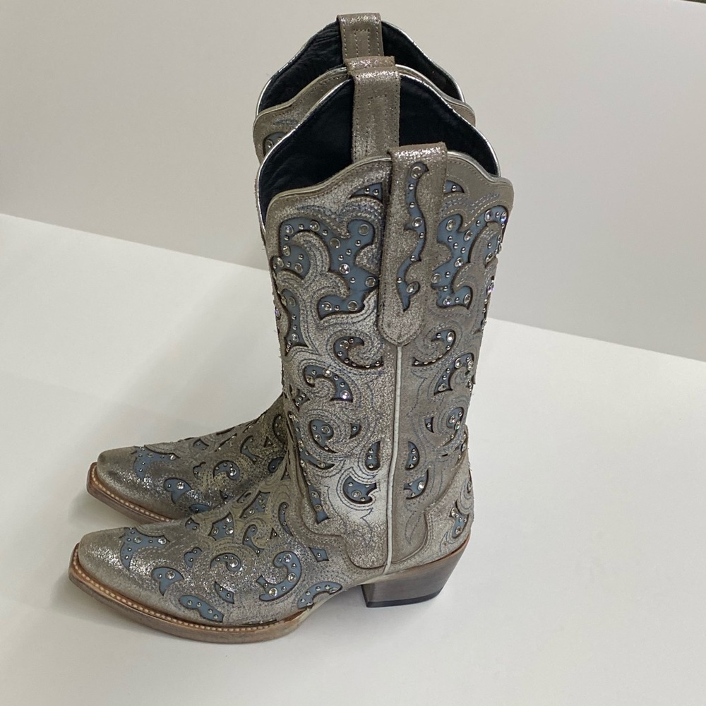 J.B. Dillon Silver Heeled Boots with Western Design Sz: 6.5